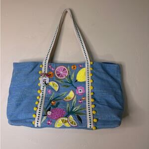 NEW Viral Beaded Citrus Embroidered Blue & Gold Metallic Tote Bag